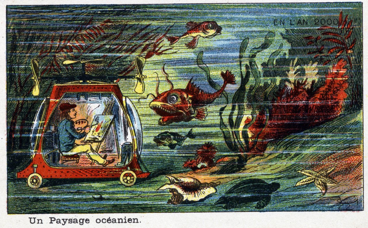 Futuredays: A Nineteenth Century Vision of the Year 2000 - Serie "" In the Year 2000"": An Ocean Landscape (en maler som maler landskapet under havet i et lite undervannsfartøy). Kromolitografi av Villemard av French School