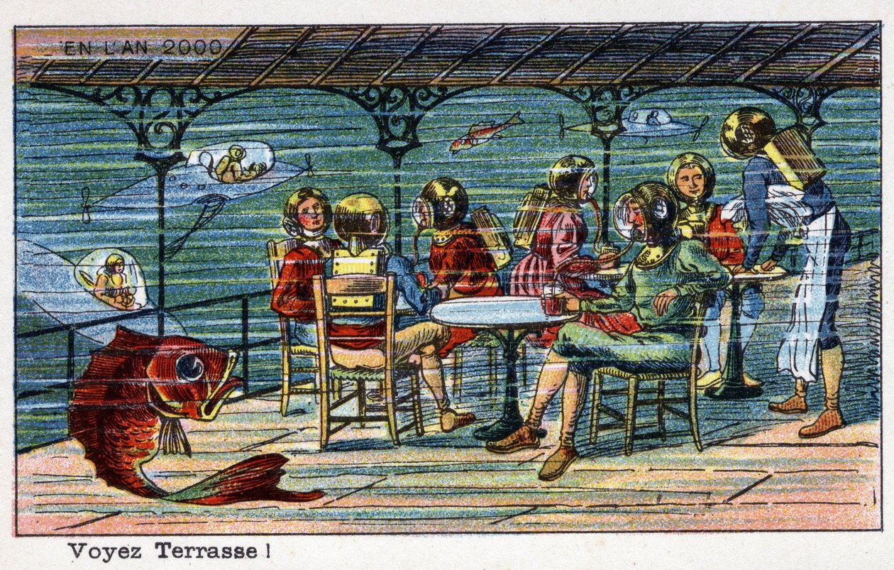 Futuredays: A Nineteenth Century Vision of the Year 2000 - Serie “” In the year 2000”: Se terrasse (under havet). Kromolitografi av Villemard av French School