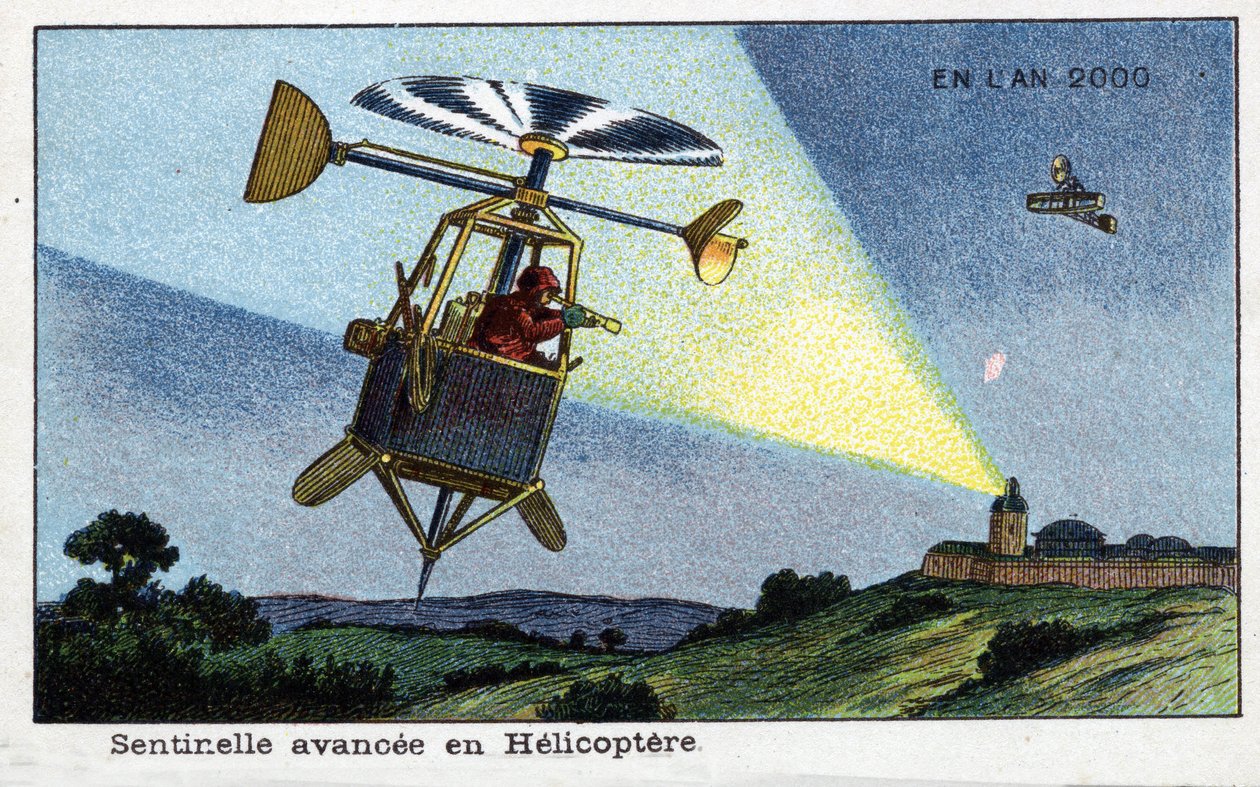 Futuredays: A Nineteenth Century Vision of the Year 2000 - Serie "" En l'year 2000": Helikopter fremrykk vaktpost - Chromolithography av Villemard av French School