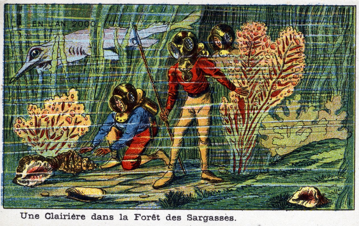 Futuredays: A Nineteenth Century Vision of the Year 2000 - Serie "" In 2000": En lysning i Sargasso-skogen (under havet). Kromolitografi av Villemard av French School
