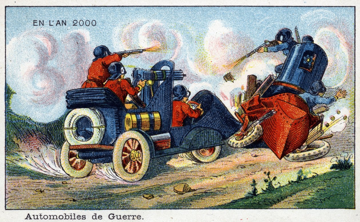 Futuredays: A Nineteenth Century Vision of the Year 2000 - Serie "" In the Year 2000": Automotive of War. Kromolitografi av Villemard av French School