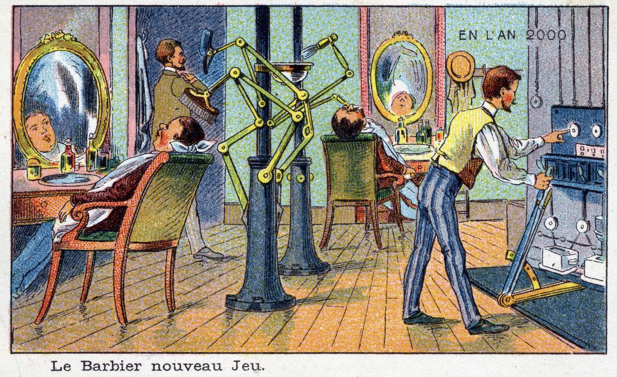 Futuredays: A Nineteenth Century Vision of the Year 2000 - Serien "" In the Year 2000"": Den nye spillbarberen (automatisk maskin). Kromolitografi av Villemard av French School