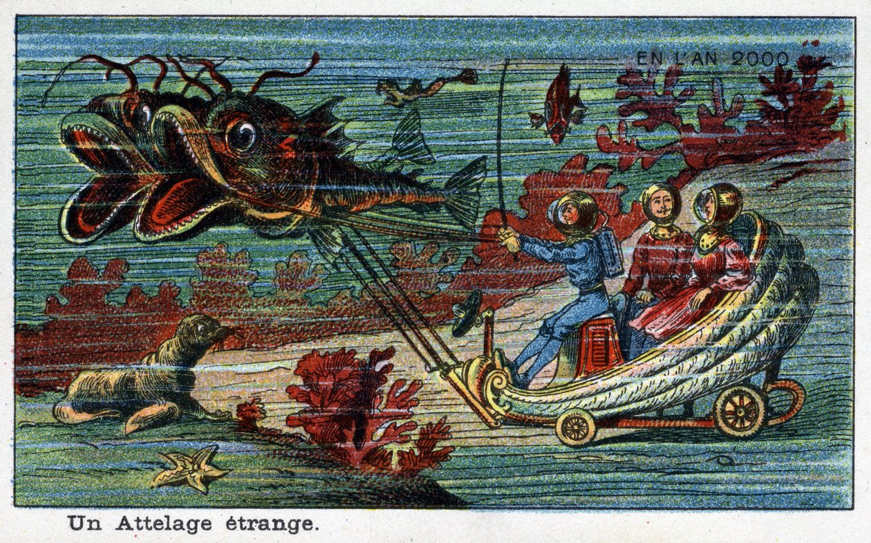 Futuredays: A Nineteenth Century Vision of the Year 2000 - Serie "" In the Year 2000": En merkelig hake (tank trukket av fisk under havet). Kromolitografi av Villemard av French School