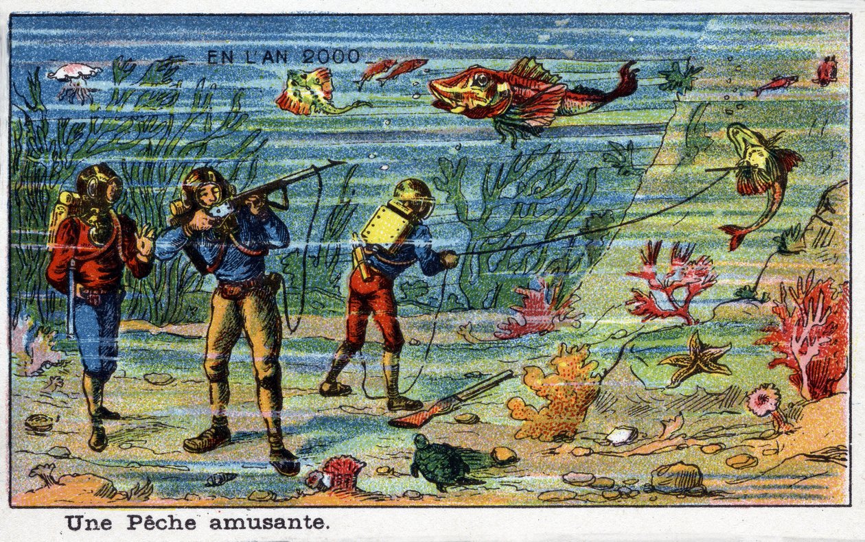 Futuredays: A Nineteenth Century Vision of the Year 2000 Series: A Fun Fishing (Under the Sea). Kromolitografi av Villemard av French School