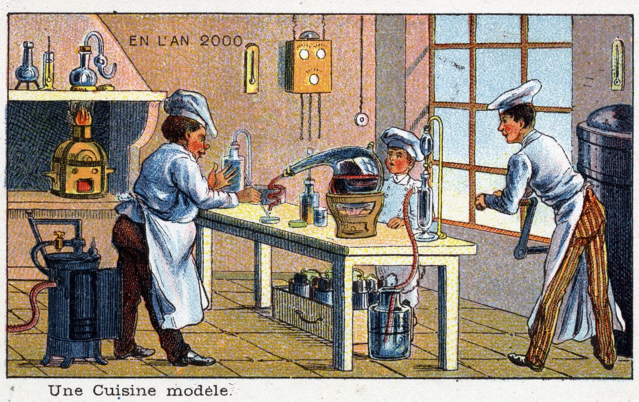 Futuredays: A Nineteenth Century Vision of the Year 2000-serien: Et modellkjøkken. Kromolitografi av Villemard av French School