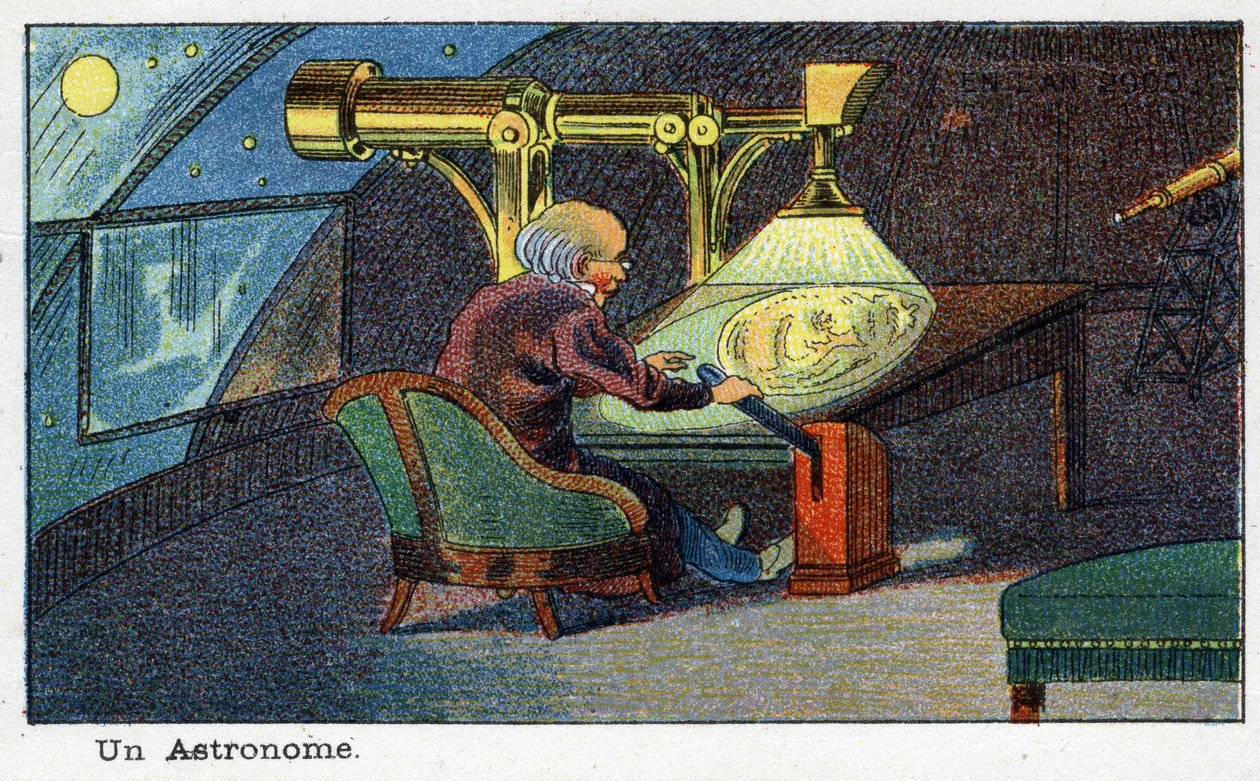 Futuredays: A Nineteenth Century Vision of the Year 2000-serien: En astronom (arbeider med et bestemt teleskop). Kromolitografi av Villemard av French School