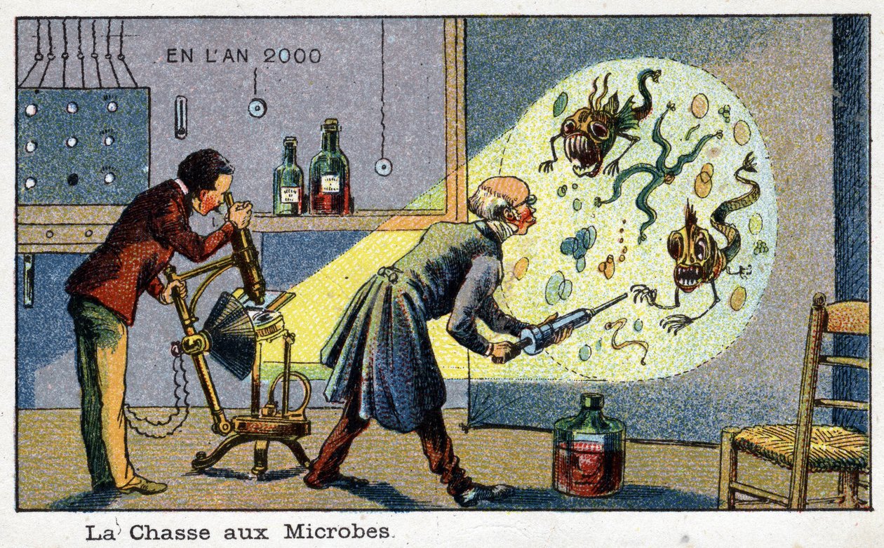 Futuredays: A Nineteenth Century Vision of the Year 2000-serien: The Hunting of Microbes (2 forskere som fjerner forstørrede mikrober ved hjelp av en maskin). Kromolitografi av Villemard av French School