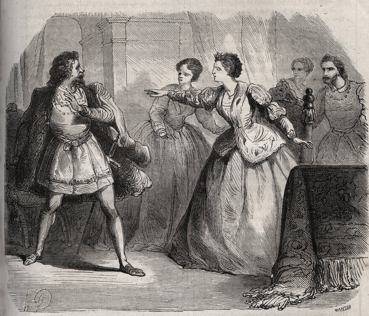 Gabrielle de Vergy bestrider forloveden sin, Eudes de Fayel, som er sjalu på vennskapet hun har med sin fetter, Albert de Nozereau. Scene av en legende fra 1100-tallet. Gravering fra 1871 i «Histoire Des Cocus Celebres»» av Henry de Kock (1819-1892). av French School