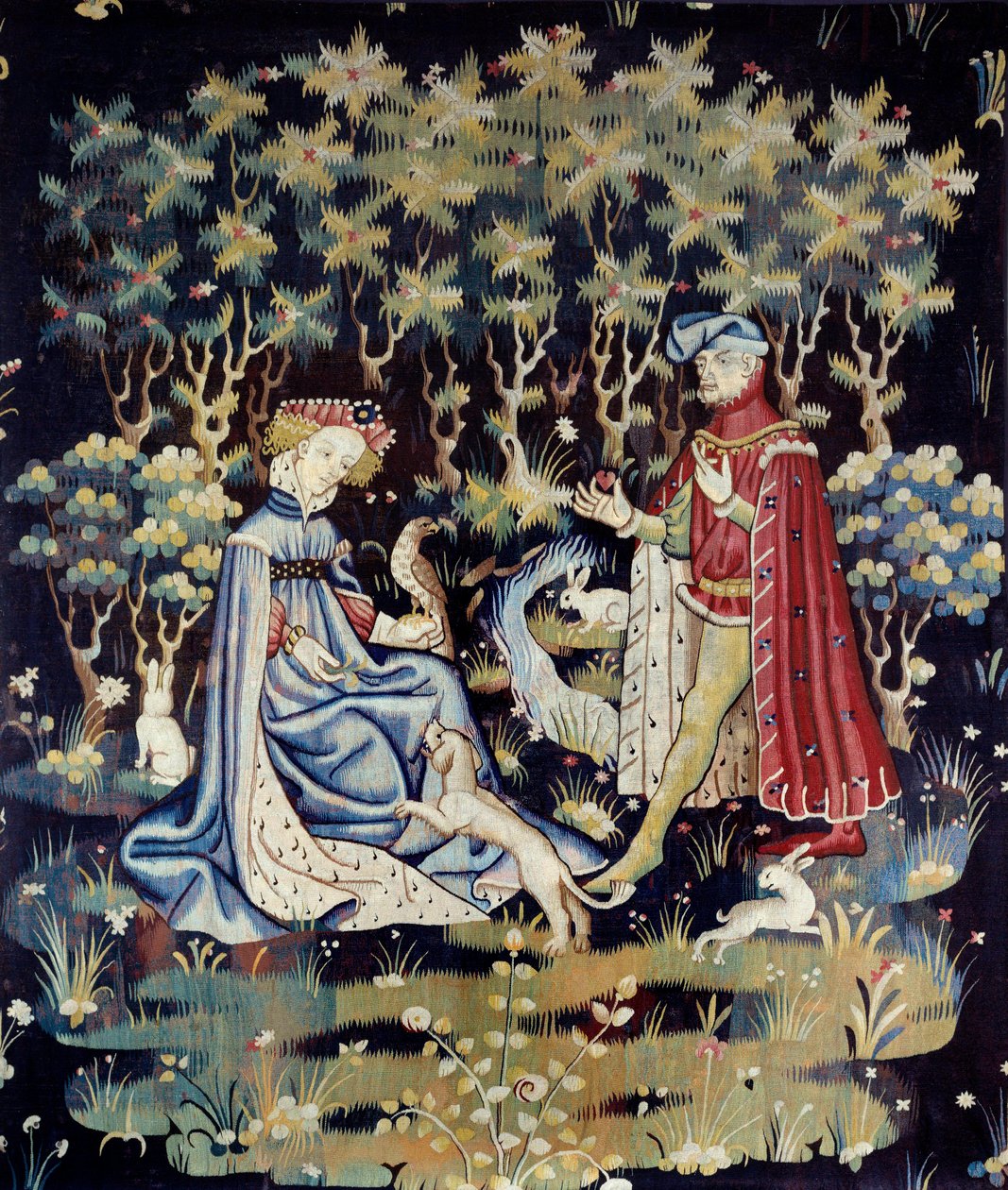 Galante-scene: “” the offer of the heart”” Tapet av ull og silke fra et verksted i Arras - 1400-1410 Dim 2,4x2 m Paris, Musee du Louvre av French School