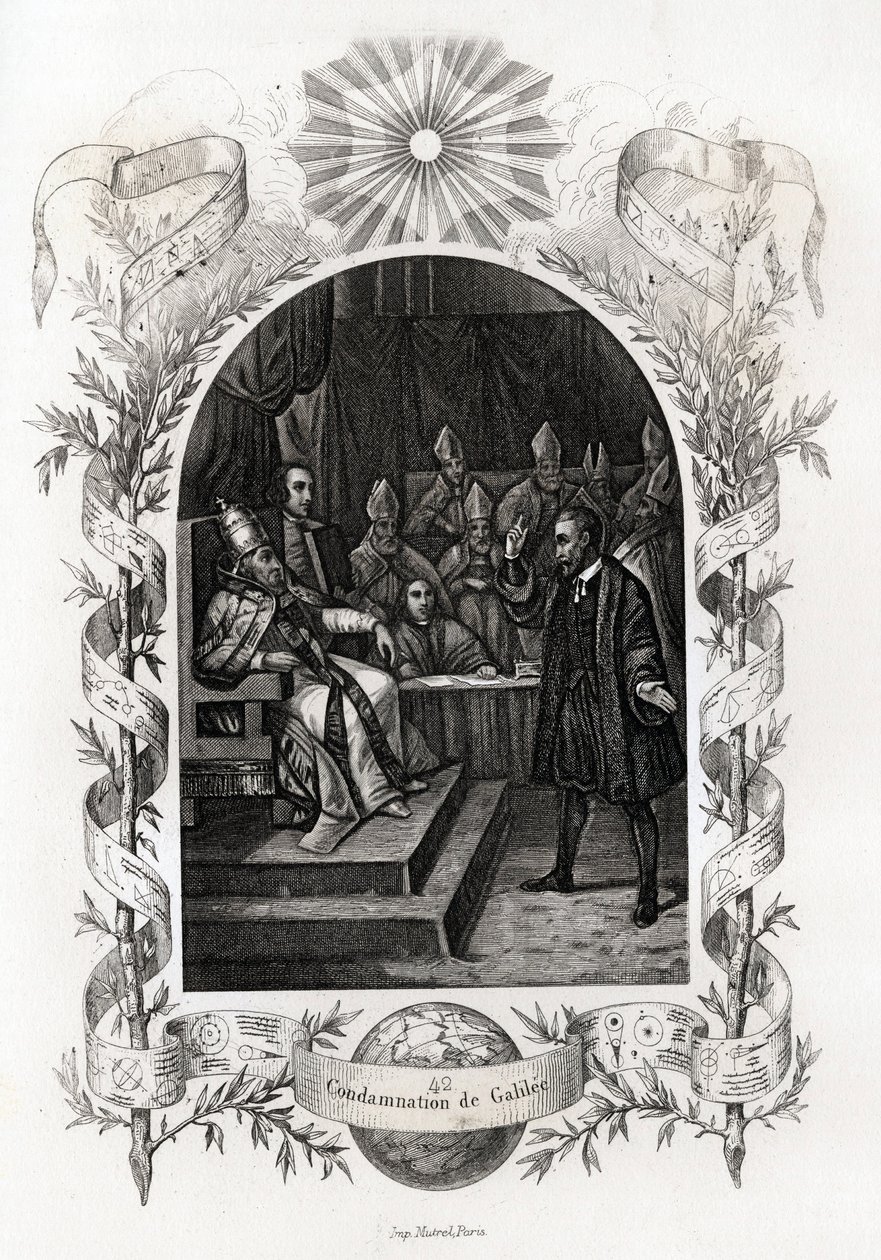 Galilea (eller Galileo Galilei (1564-1642)) foran det hellige kontor i Vatikanet”” Astronomen ble dømt av inkvisisjonsdomstolen i 1632. Gravering for å illustrere Histoire des popes av Maurice Lachatre (1814-1900), librairie du progres, Paris. av French School