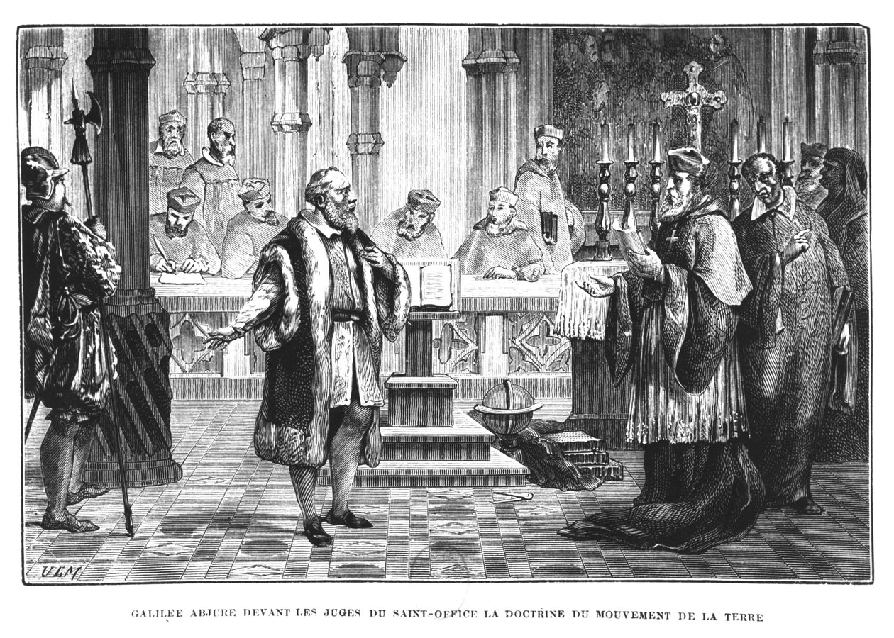 Galileo (1564-1642) trekker tilbake sin teori om jordens bevegelse for dommerne ved Det hellige kontor av French School