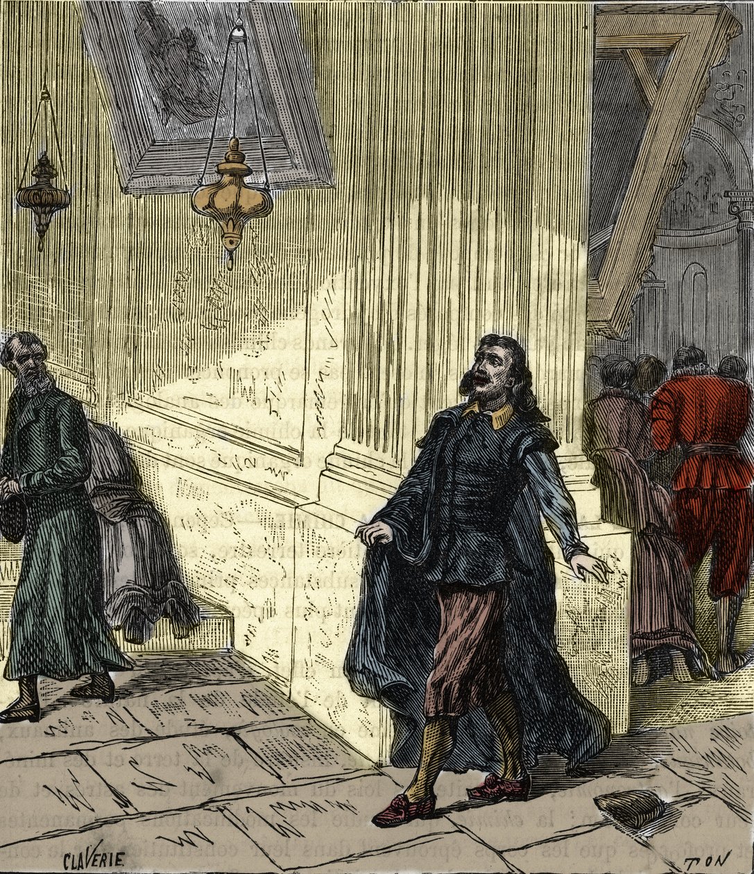 Galileo Galilei (1564-1642), Italian scientist, observing the pendulum-like swinging of a lamp in Pisa Cathedral, Italy, in 1582 - Galileo Galilei dit Galilee (1564-1642) observing the oscillation of the lamp of the Cathedrale of Pisa in 1582 - Engraving i av French School