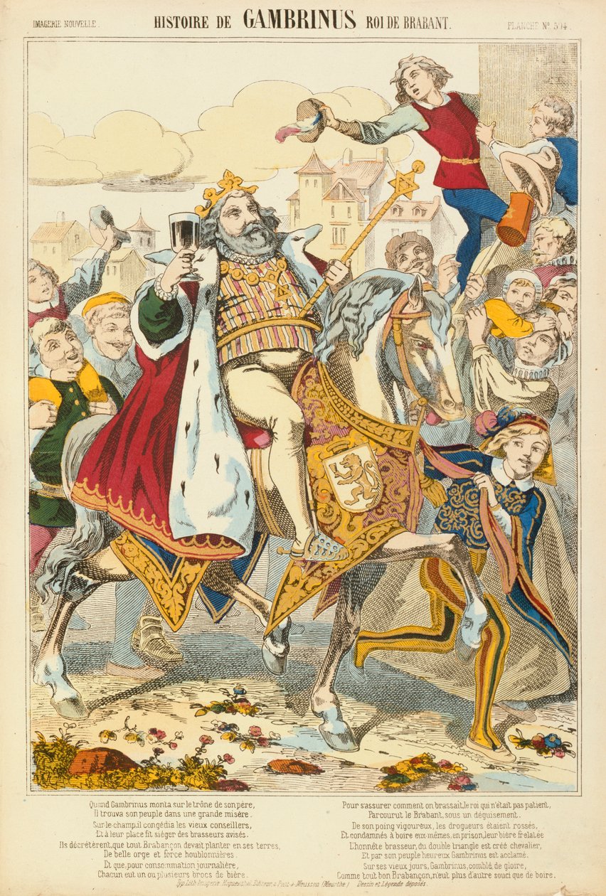 Gambriunus, legendarisk konge av Flandern, broadsheet utgitt av Verlag Haguenthal, Pont-a-Mousson, 1860 av French School