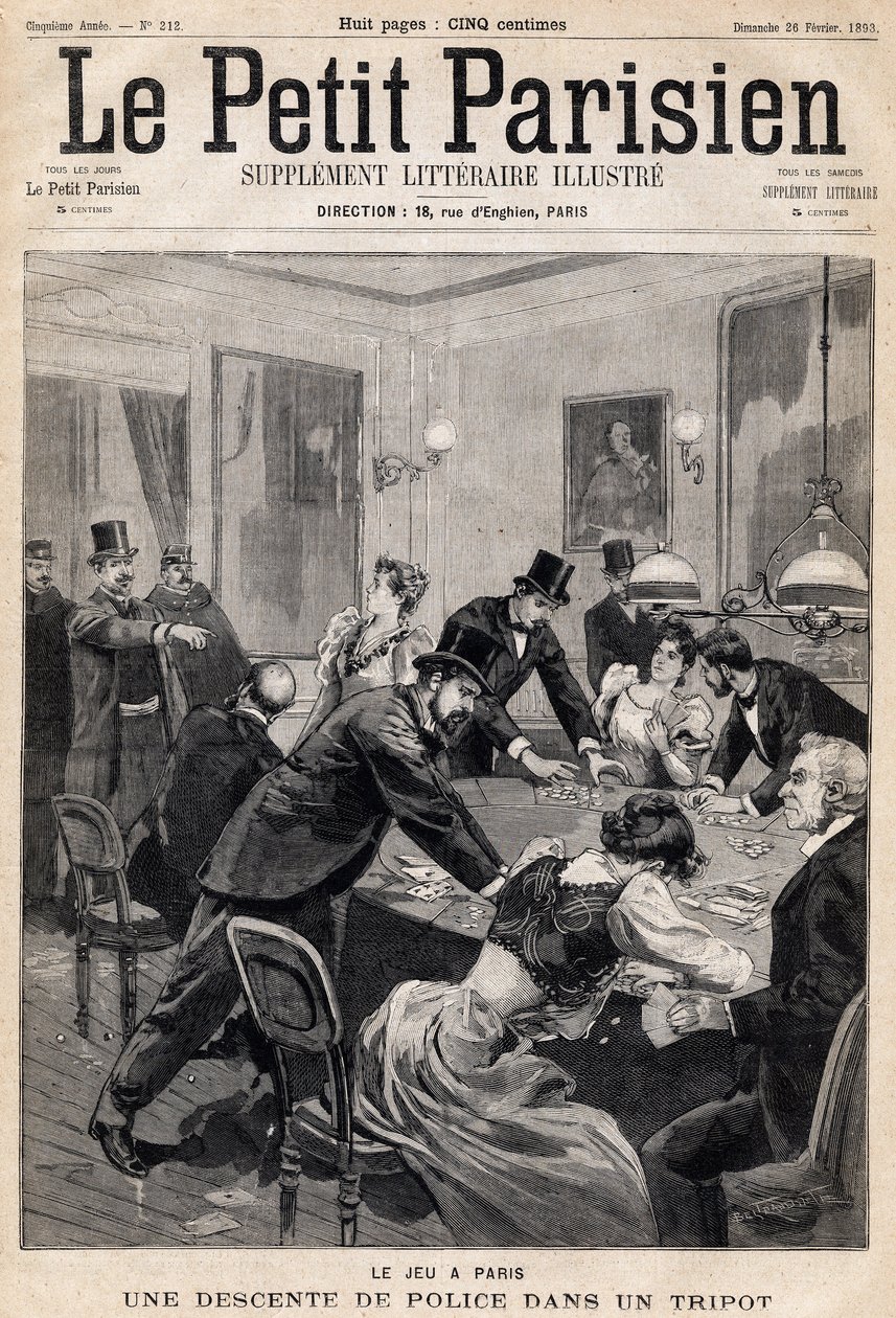 Spillhus i Paris: Politirazzia i en gamblingklubb (casino). En av avisene "Le Petit Parisien"" den 26/02/1893 (gravering) av French School