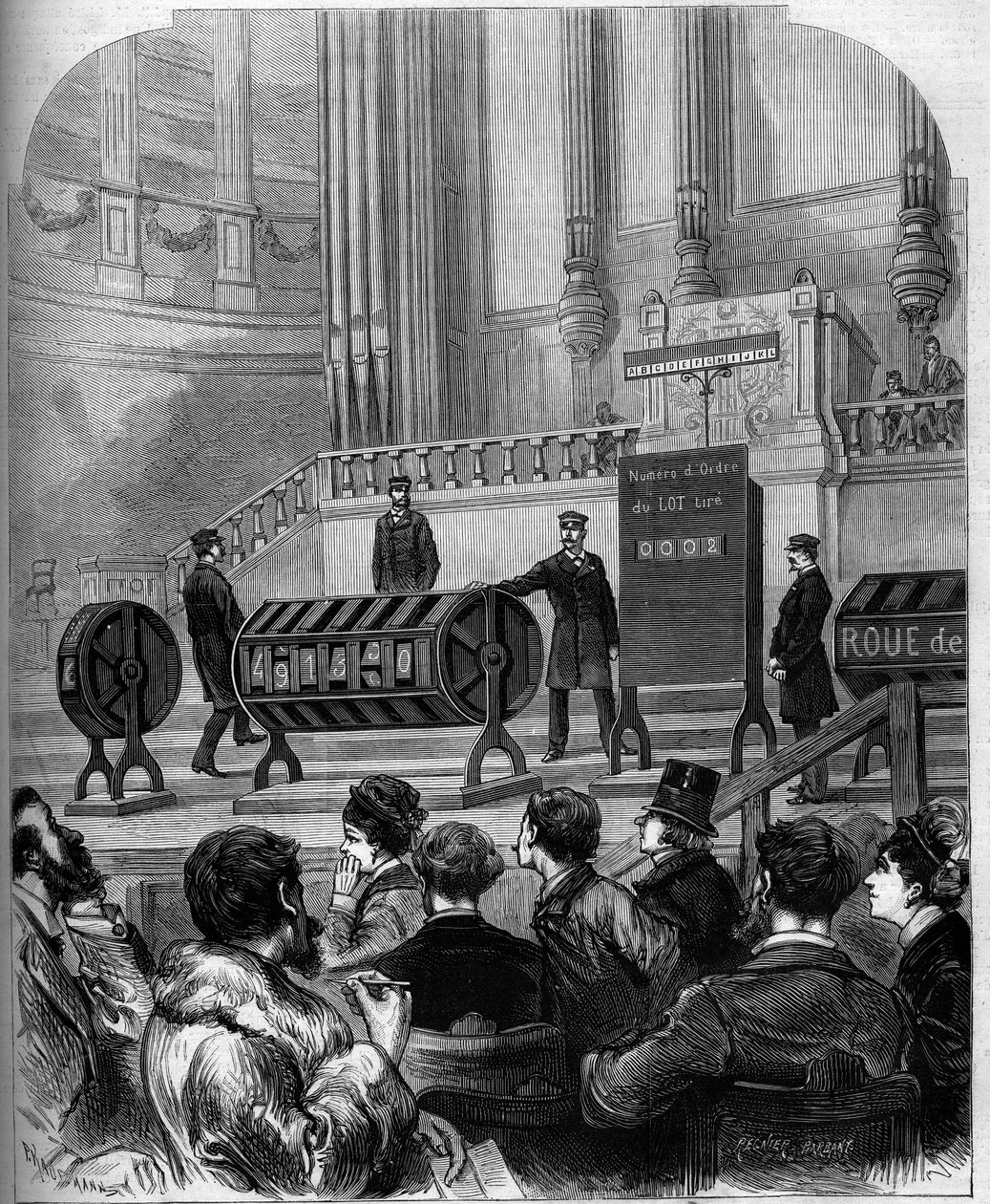 Game of chance: draw of the National Lottery in the Trocadero festivities hall on 6 January 1879 in Paris. Engraving in “” Le Monde Illustré”” n°1140 of 1 February 1879. av French School