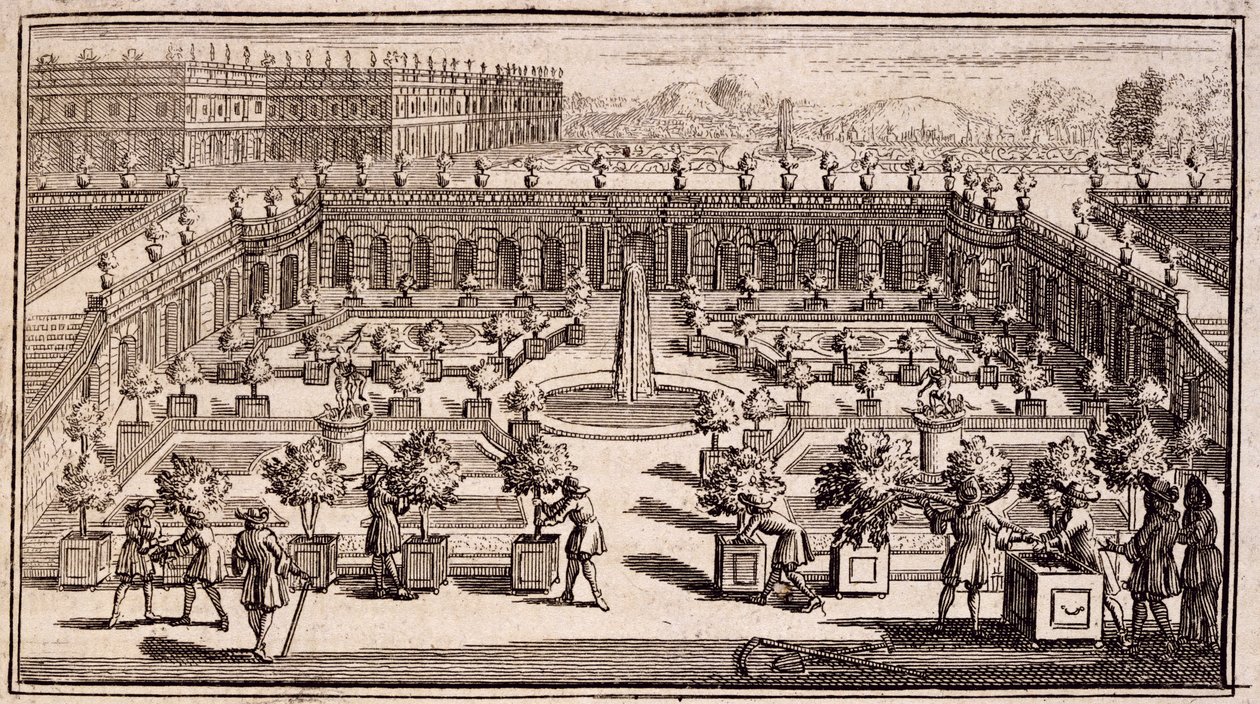 Gartnere som jobber i en appelsinhage, fra Le Parfait Jardinier, eller Instruction pour les Jardins Fruitiers et Potager, av Jean de la Quintinye, utgitt 1695 av French School