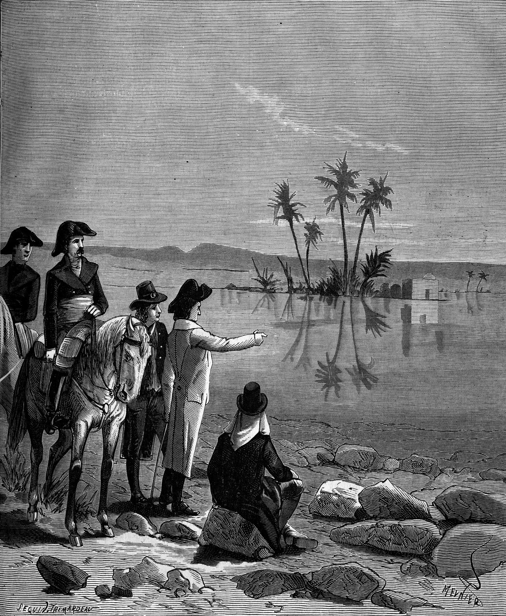 Gaspard Monge, greve av Peluse (1746 - 1818), fransk matematiker under felttoget (ekspedisjonen) av Egypt (1798-1801) observerte fenomenet luftspeilingen. av French School