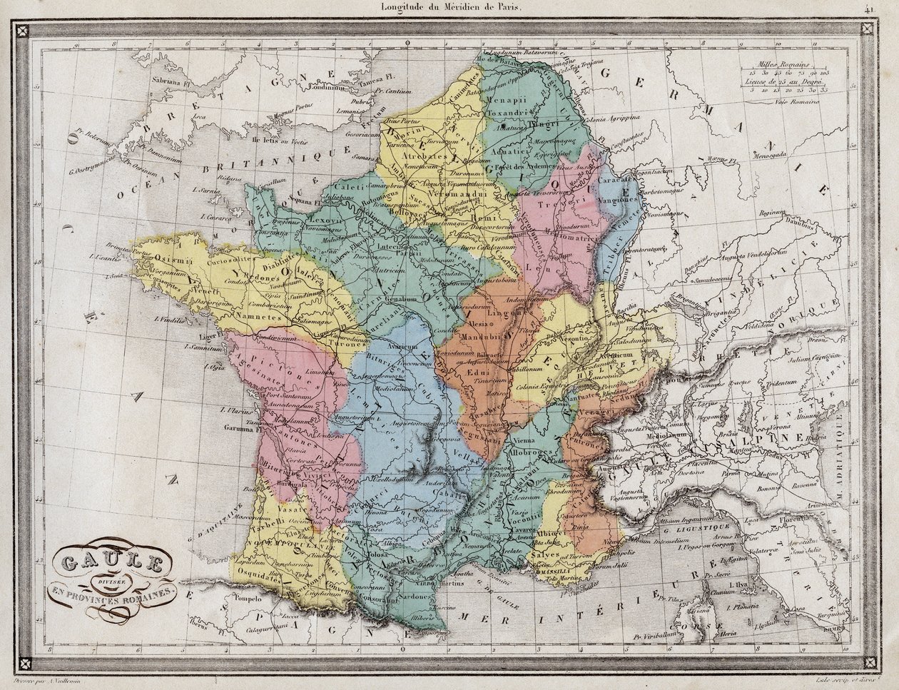 Gallia delt inn i romerske provinser - Plate hentet fra "" Universal Atlas for gammel og moderne geografi for boligskoler"" av Vuillemin - ca. 1845 av French School