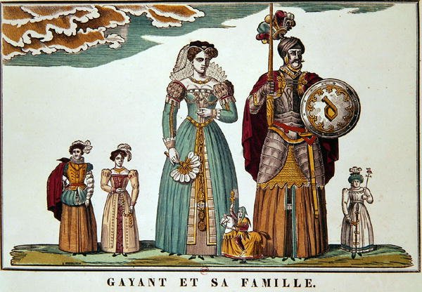 Gayant og hans familie, Imagerie de Lille (farge litho) av French School
