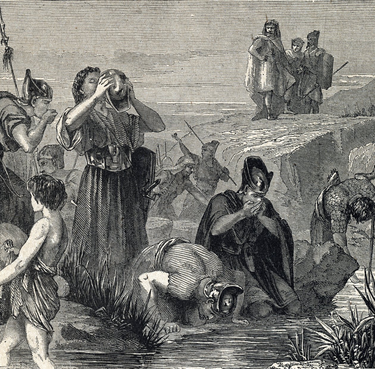 Gedeon (Gideon) kaller av Gud for å beseire madianittene velger sine soldater blant dem som drikker mens de bærer vann til munnen (Gideon eller Gedeon velger soldatene sine og holder bare de som løftet vannet til munnen, og mens de gjør det, dra av French School