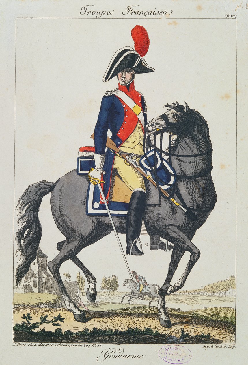 Gendarme montert på en hest, 1807 (fargegravering) av French School