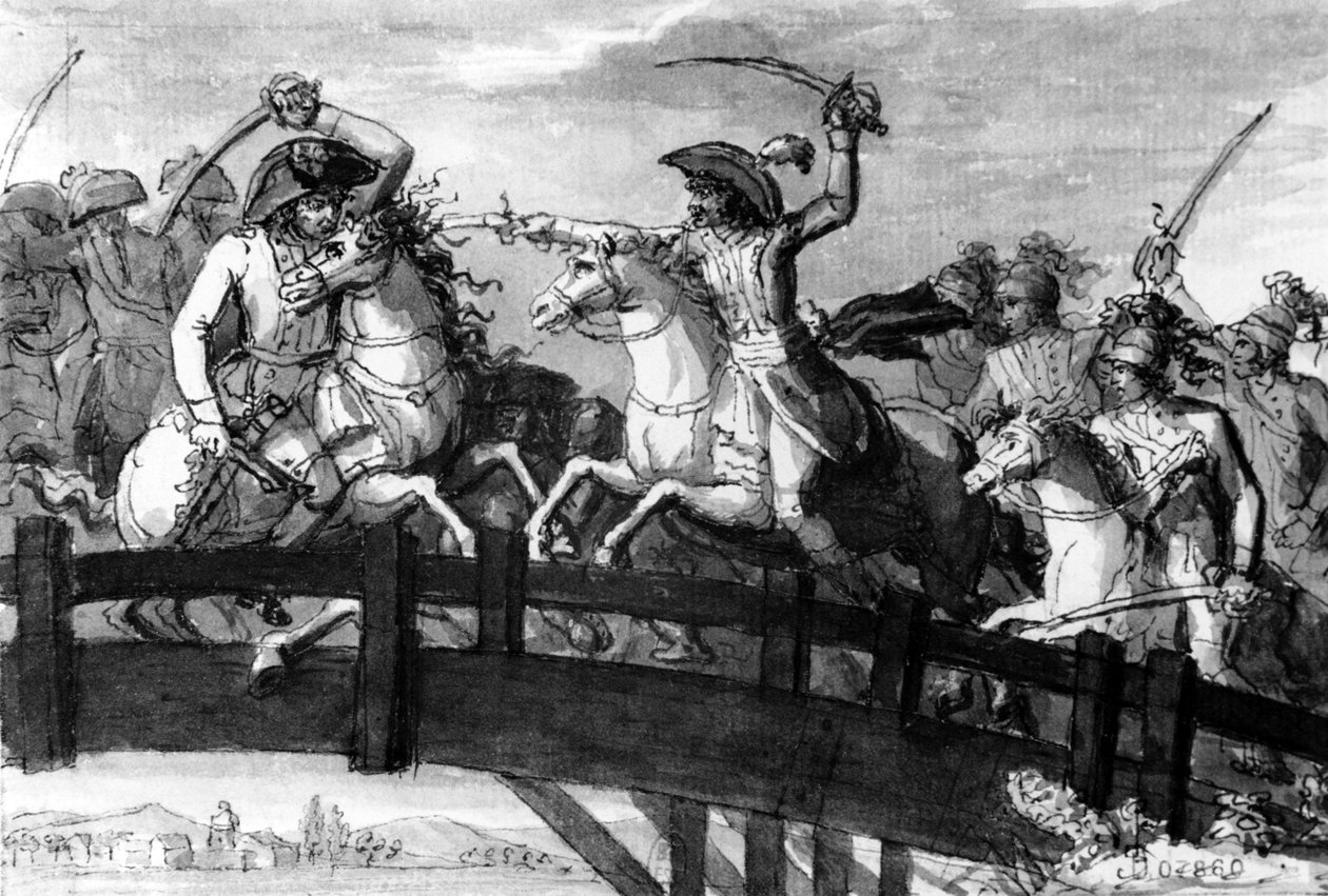 General Alexandre Dumas, Horatius Cocles i Tyrol. drepte tre østerrikske motstandere på egenhånd på Clausen-broen i 1797, ca. 1797 (gouache) av French School