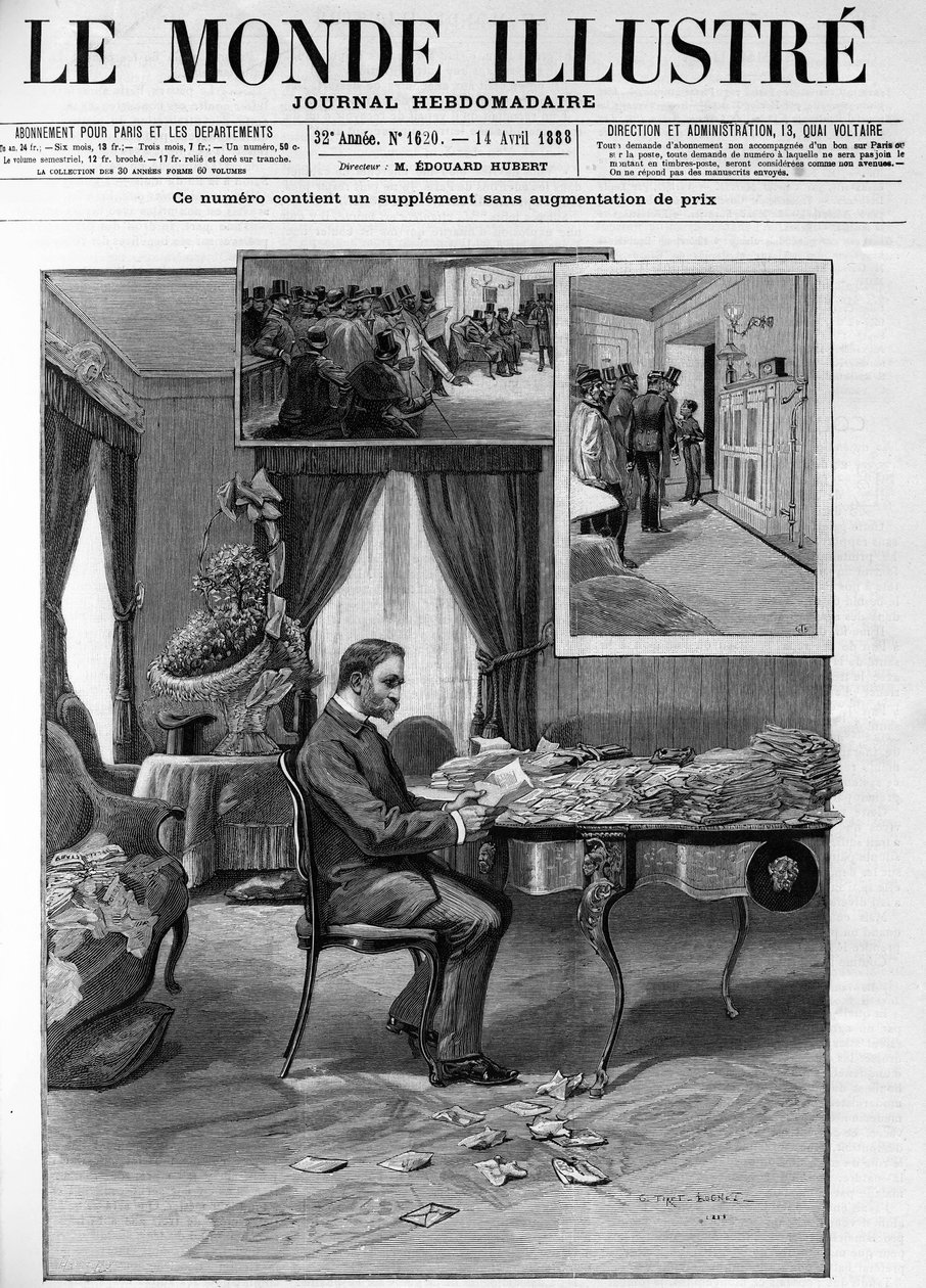 General Georges Boulanger (1837-1891) på Hotel du Louvre fortsetter med undersøkelsen av korrespondanse i "Le Monde illustrious" i 1888. av French School