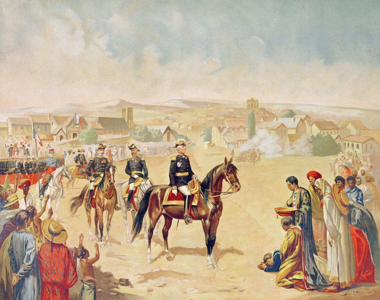 General Jacques Achille Duchesne (1837-1918) på vei inn i Tananarive, Madagaskar, 1. oktober 1895 (farget gravering) av French School
