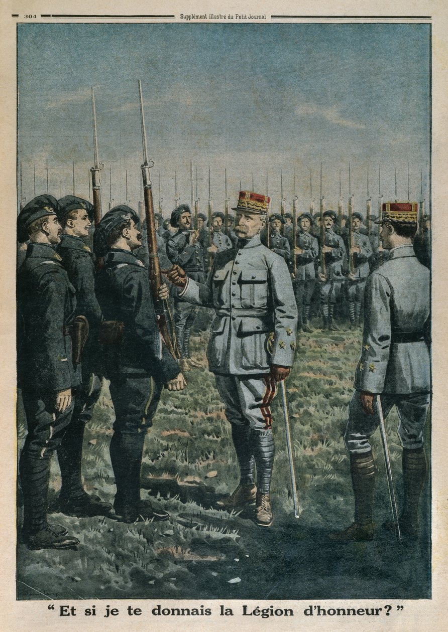 General Petain inspiserer det 42. Mountain Infantrymen Regiment, og hva om jeg gir deg Legion of Honour, baksideillustrasjon fra Le Petit Journal, tilleggsillustre, 23. september 1917 ( av French School