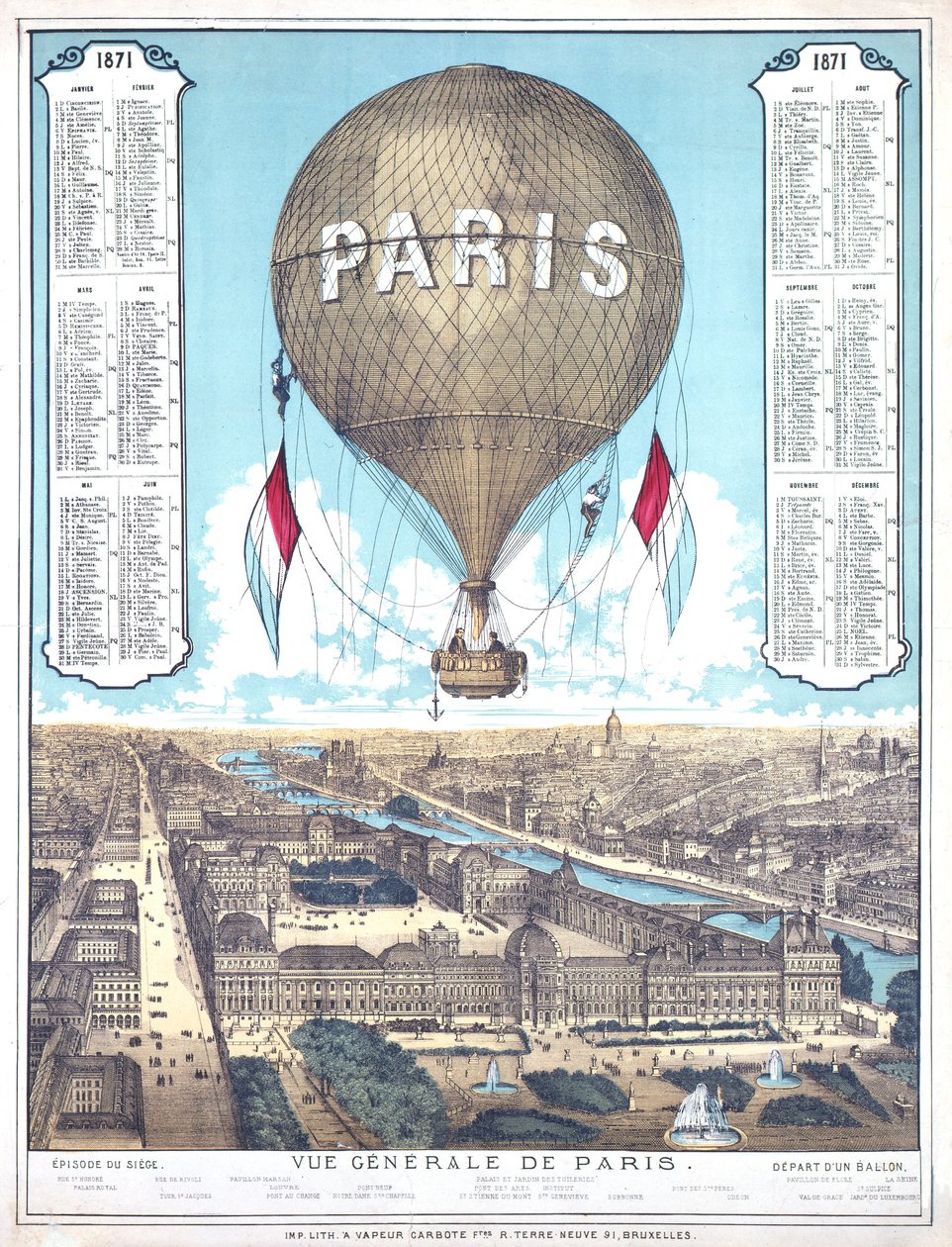 Generell utsikt over Paris og liste over ballongavgangssteder under Paris-beleiringen, 1871 av French School