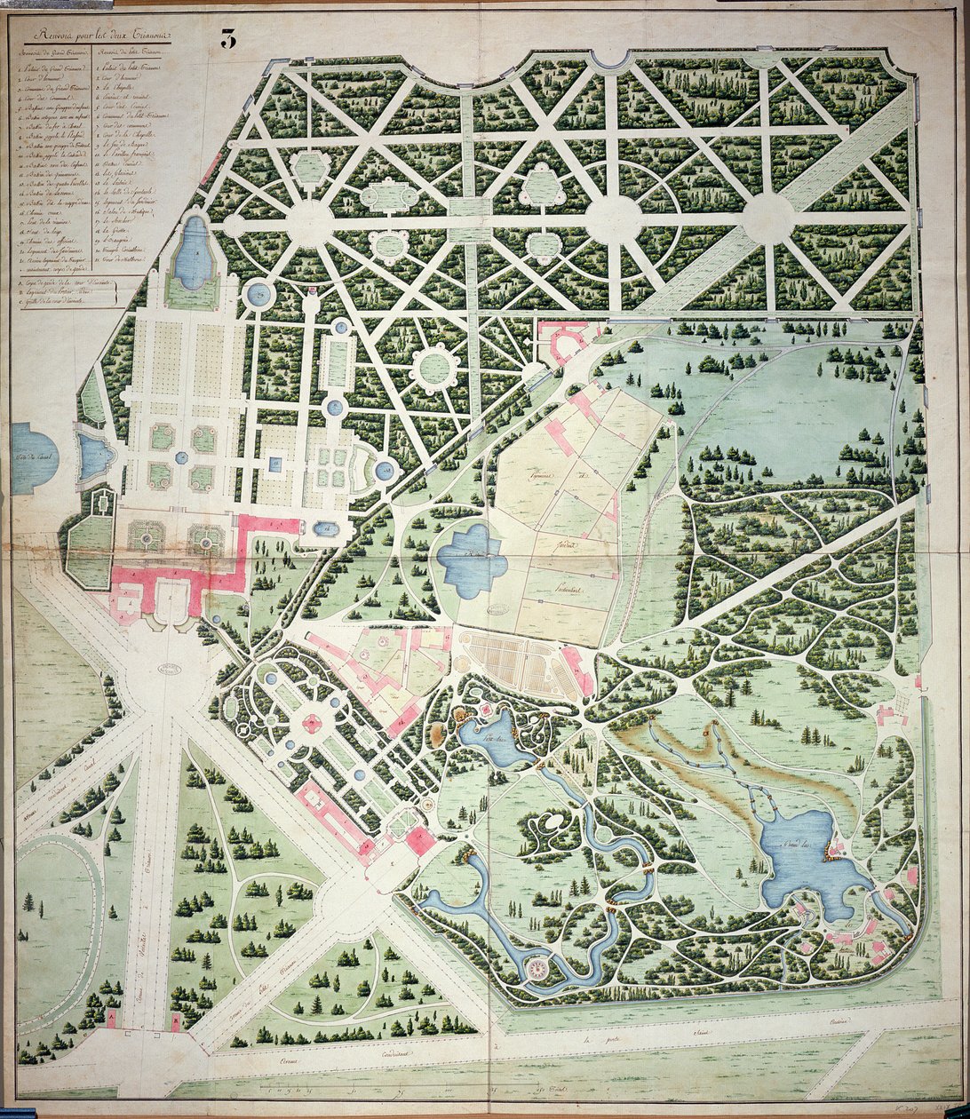 Generell plan for parkene til de to Trianon-palassene, Versailles, tidlig på 1800-tallet (penn og blekk og wc på papir) av French School