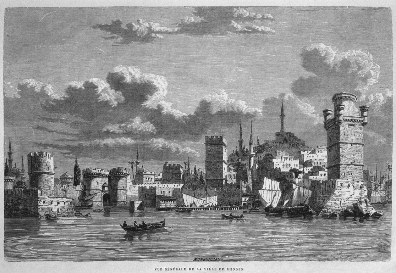 Generelt syn på Rhodos, fra Syria i dag. Reiser i Fønikia, Libanon og Judea. 1875-1880 av Louis Charles Emile Lortet, 1884 (bw gravering) av French School