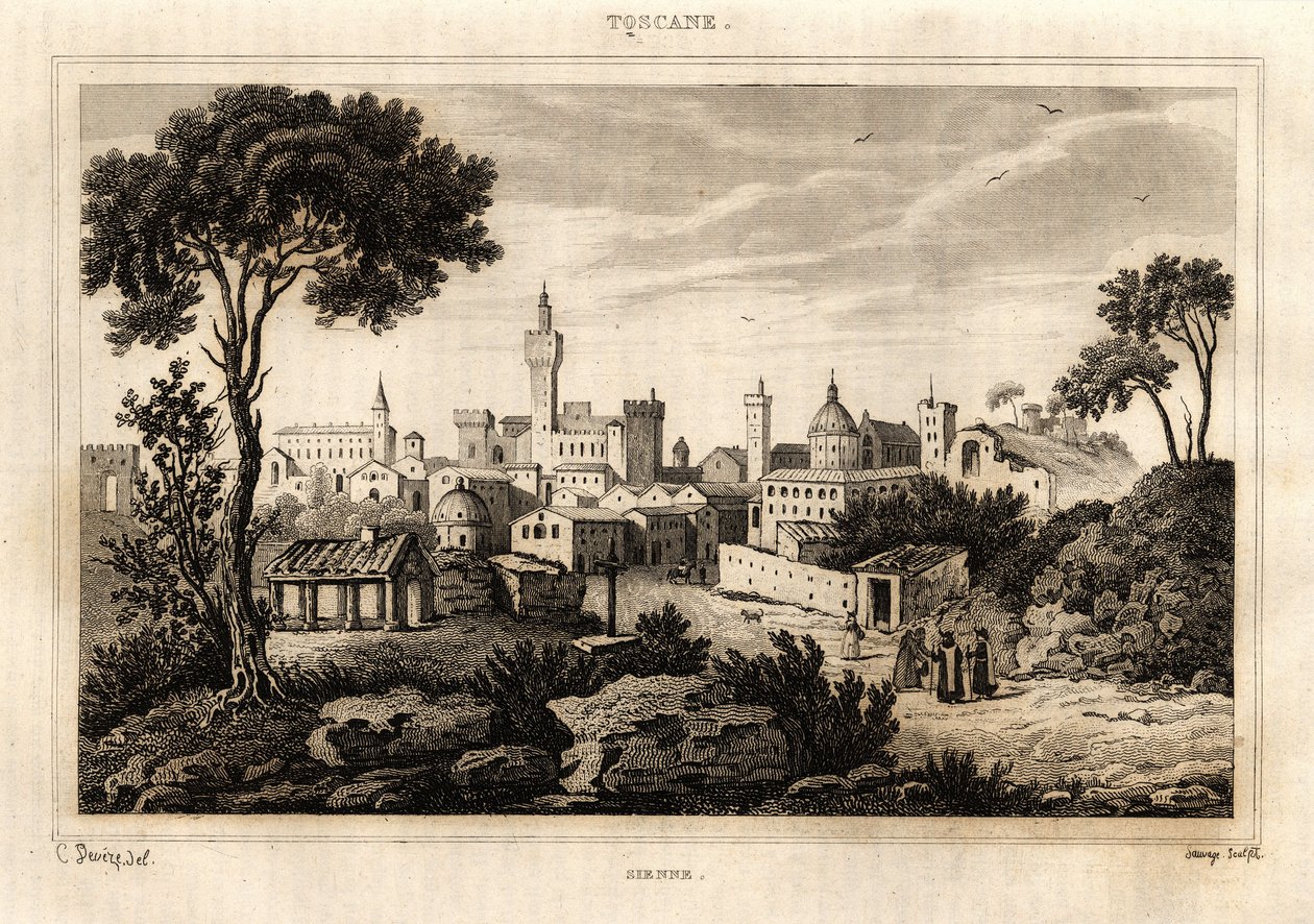 Generell utsikt over Siena (Siena) i Toscana, gravering av C. Deveze i "Italia pittoreske"", Amable Coste-redaktør av French School