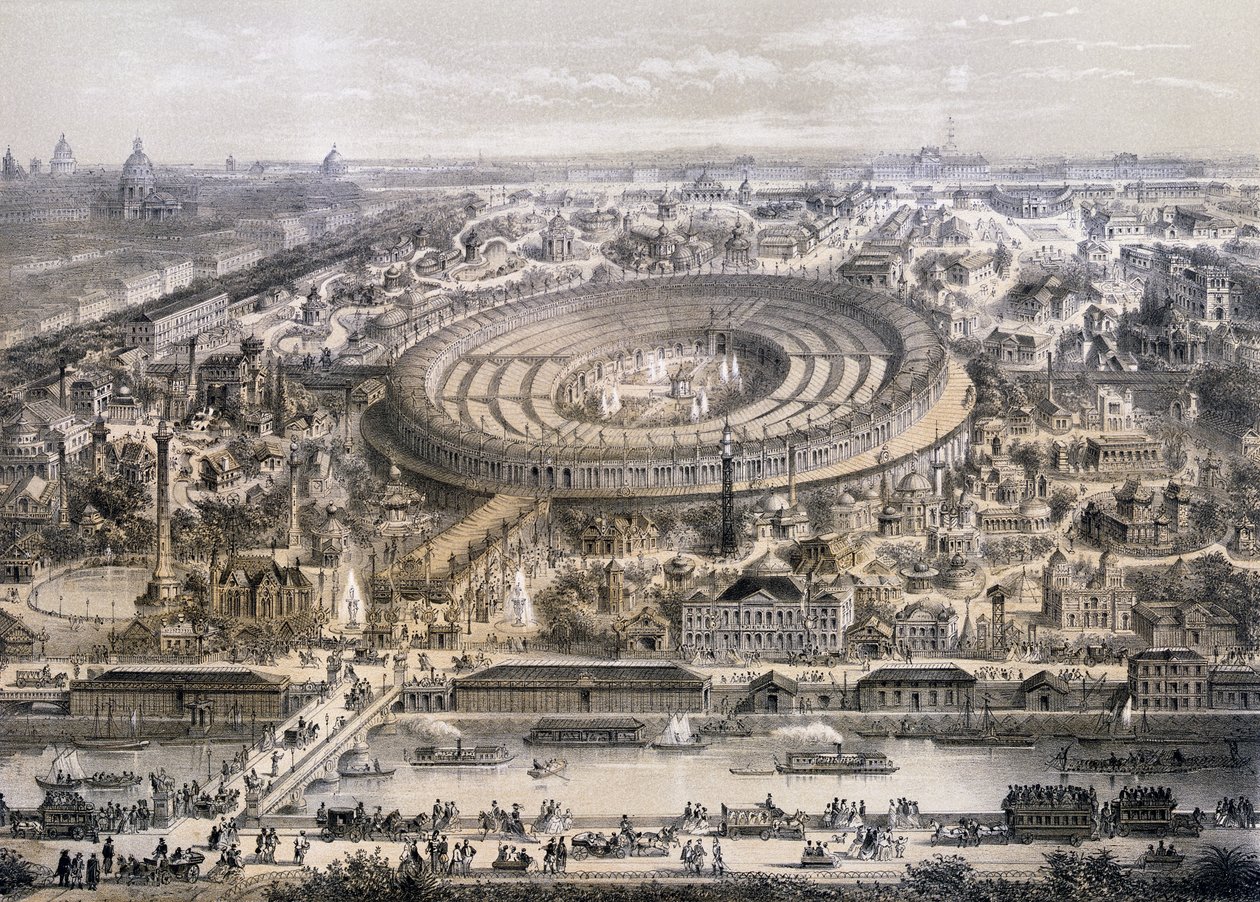 Generell oversikt over Exposition Universelle i 1867, tatt fra Trocadero-bakken, Paris, 1867 av French School