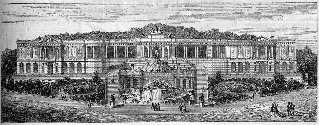 Generelt bilde av Palais de Longchamp i Marseille, Bouches du Rhone (13), slik det hadde blitt forestilt av Frederic Auguste Bartholdi (1834-1904) i 1859. Gravering i "" Le Monde Illustré"" nr. 681 av 30. april av French School