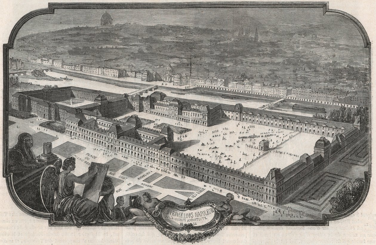 Generell utsikt over Palais du Louvre og Tuileriene i 1852 - Gravering i "Tableau-de-Paris"" av Edmond Texier 1852 av French School