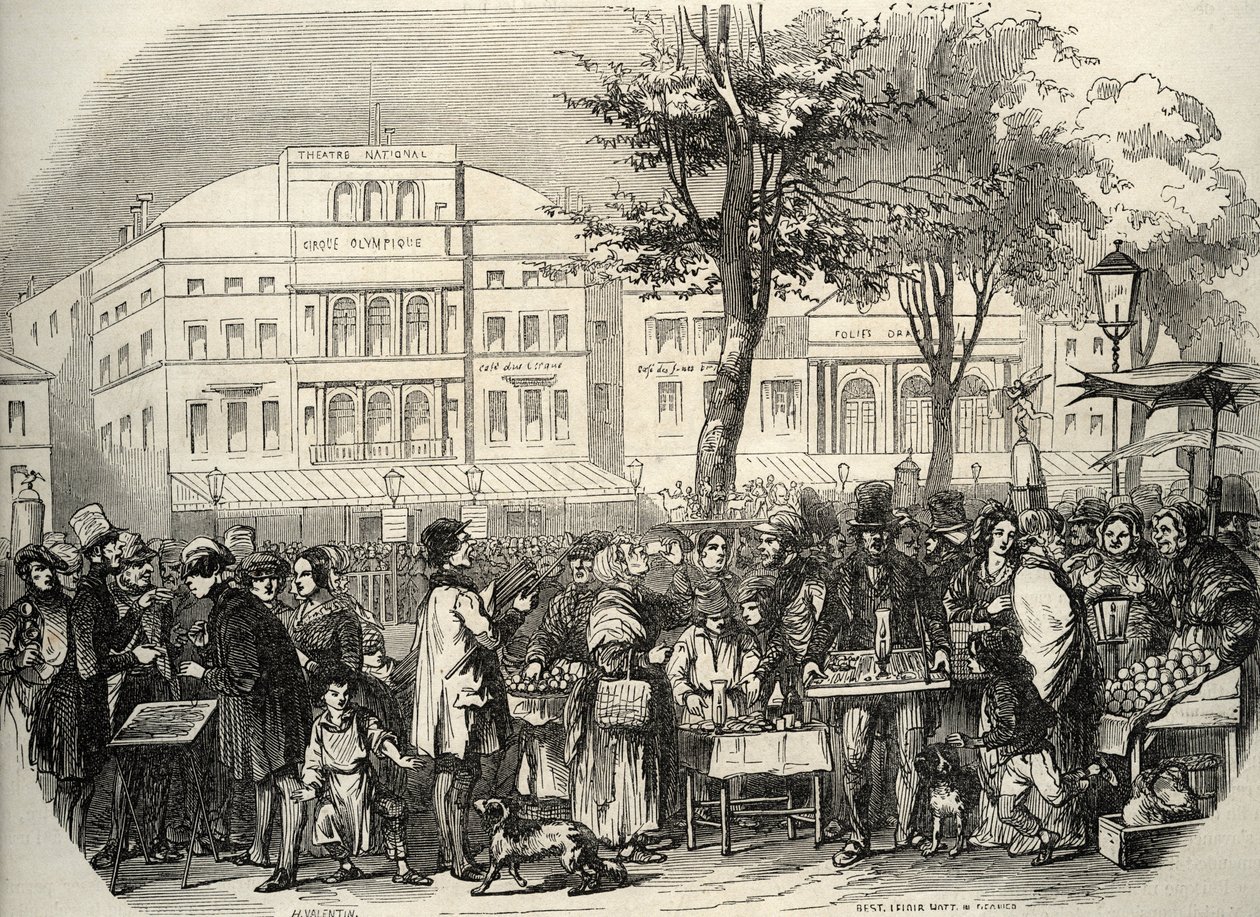 General view of the boulevard du Temple in Paris - street vendors - Paris - Vue générale du boulevard du Temple - Merchants ambulants - Engraving in “Tableau-de-Paris” by Edmond Texier 1852 av French School