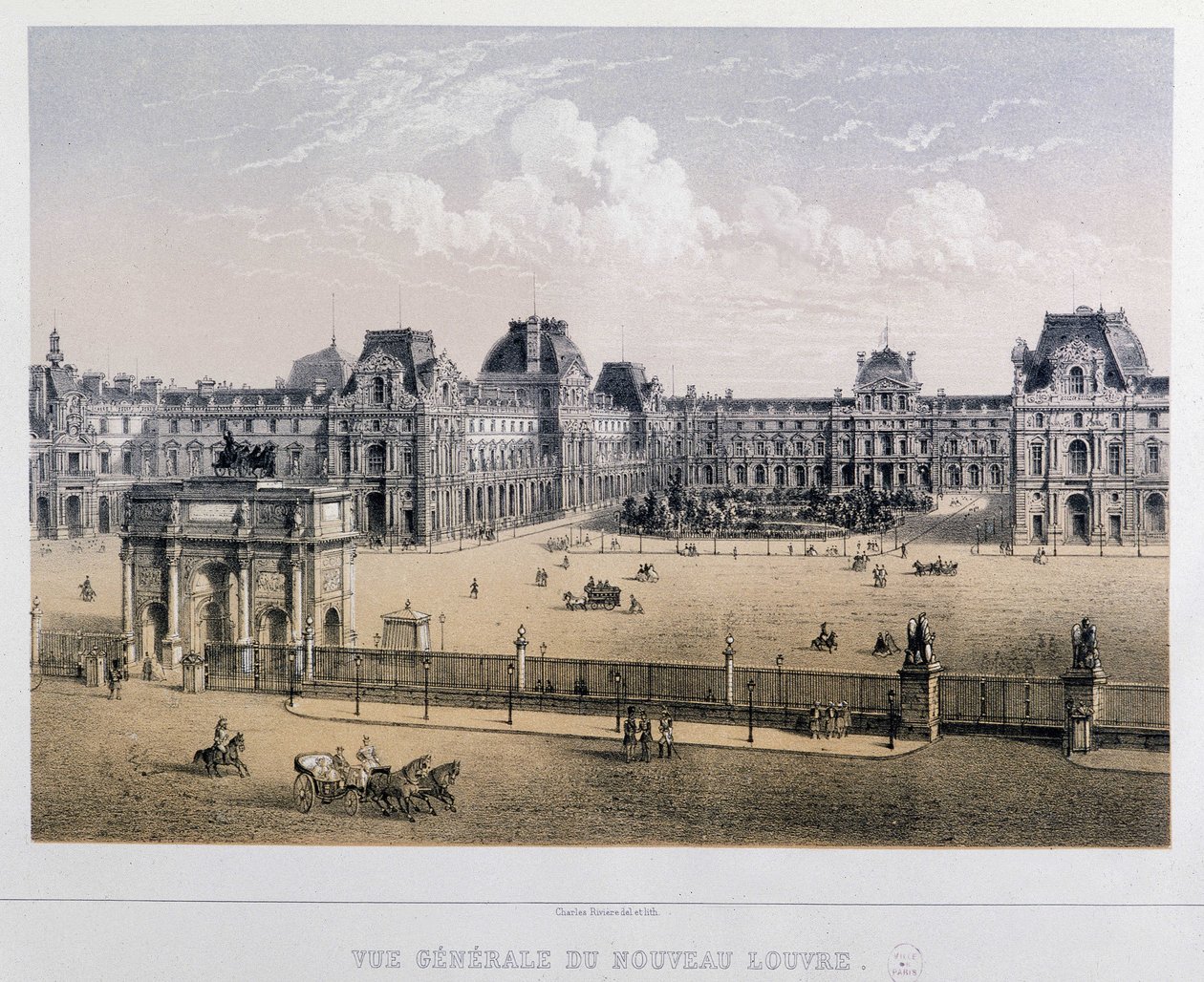 Generell oversikt over det nye Louvre: Arc du Carrousel - Gravering av 1800-tallet. av French School