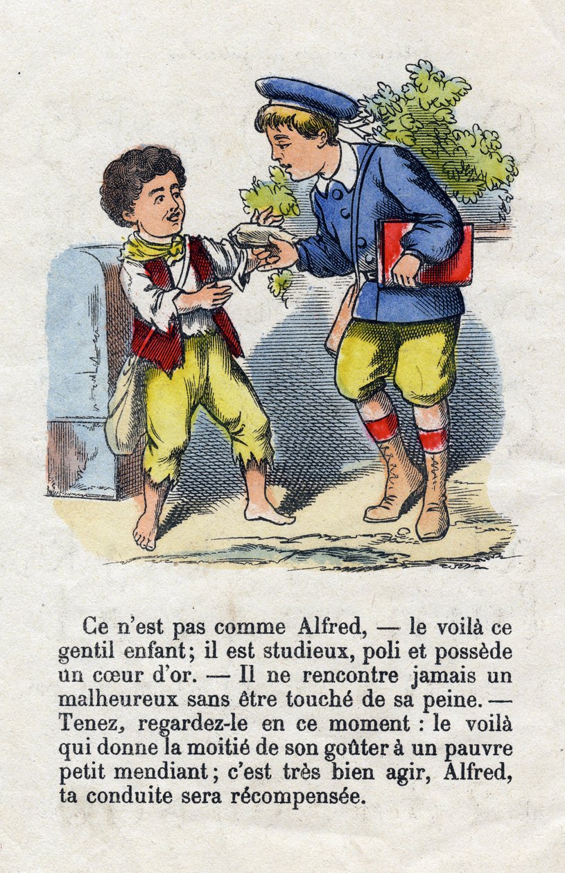 Generøsitet. Barn som gir halvparten av smaken sin til en liten tigger. Alfabetet for små gutter. Abecedary har moralsk verdi som inneholder leseøvelser. Epinal avbildning sent på 1800-tallet av French School