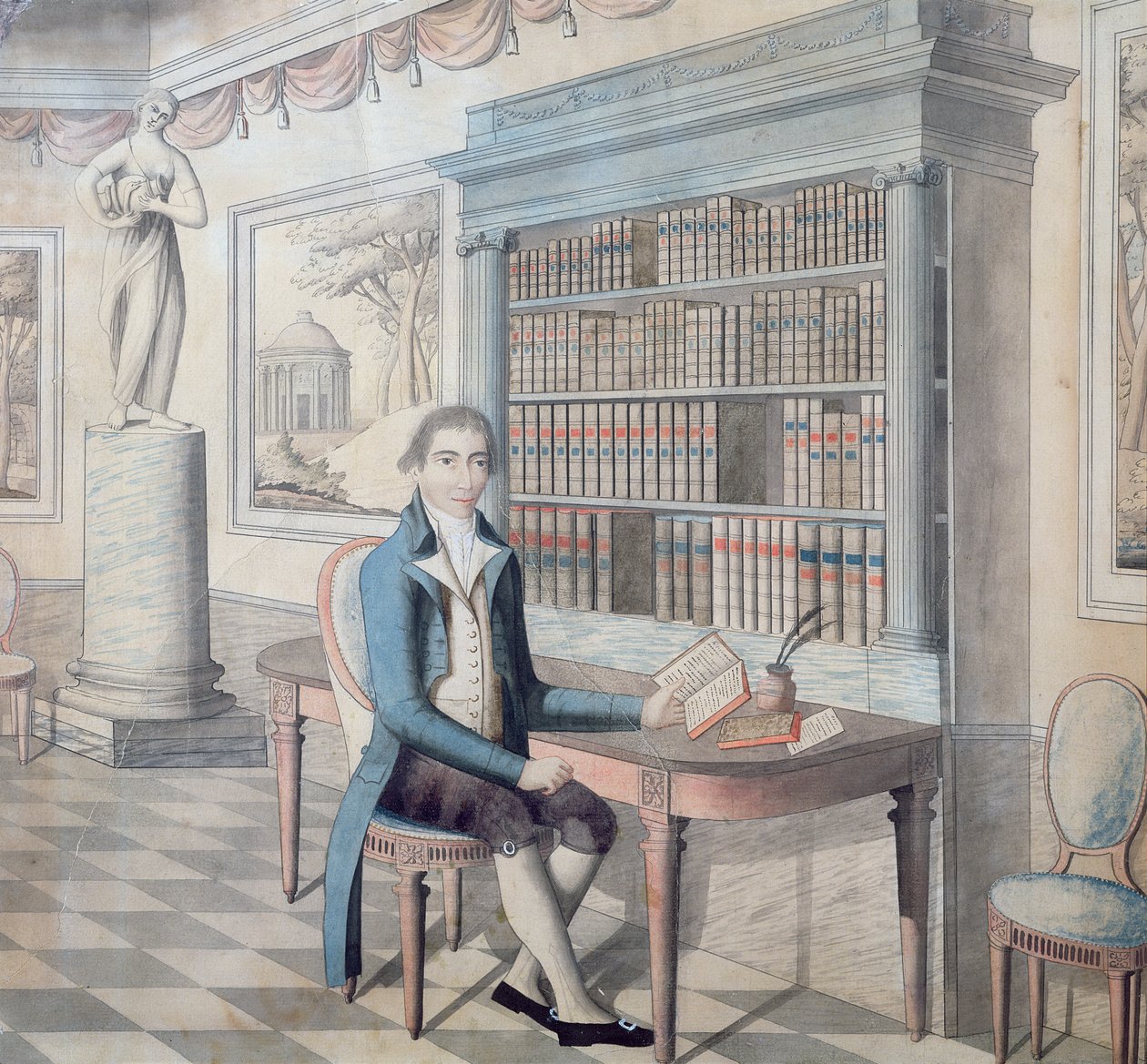 Gentleman leser i biblioteket sitt av French School