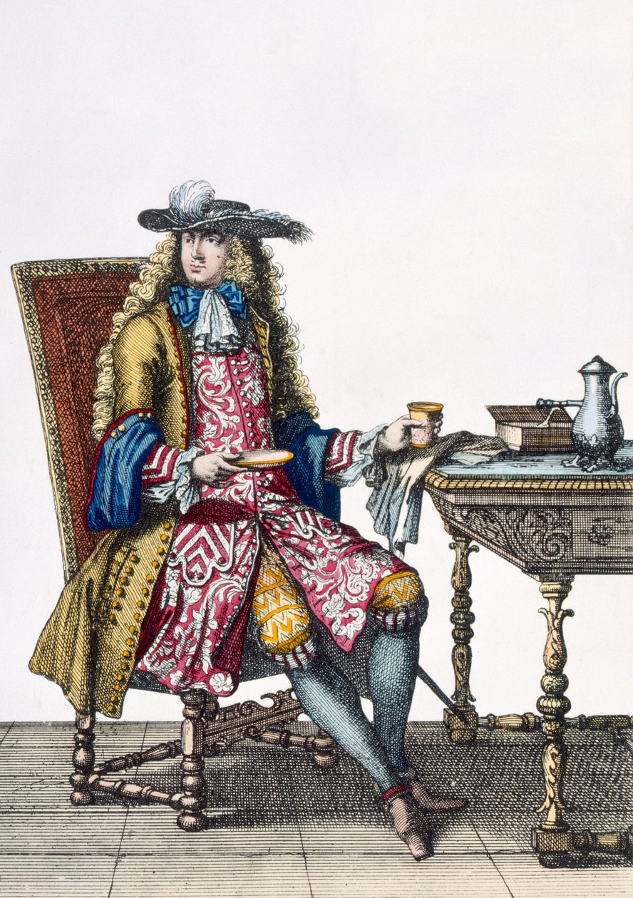 Gentlemans forseggjorte antrekk, 1760 88:A gentlemans forseggjort brodert vest, frakk og hatt; 99:hann; tradisjonelle kostymer; tradisjonell kjole; mote; c18th; sittende; pulten; fanen av French School