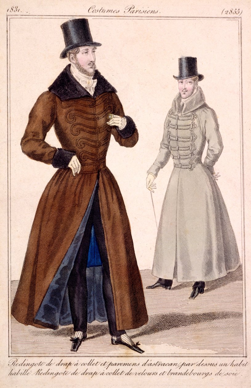 Gentlemans vinterfrakker, fra Costumes Parisiens 1779 av French School