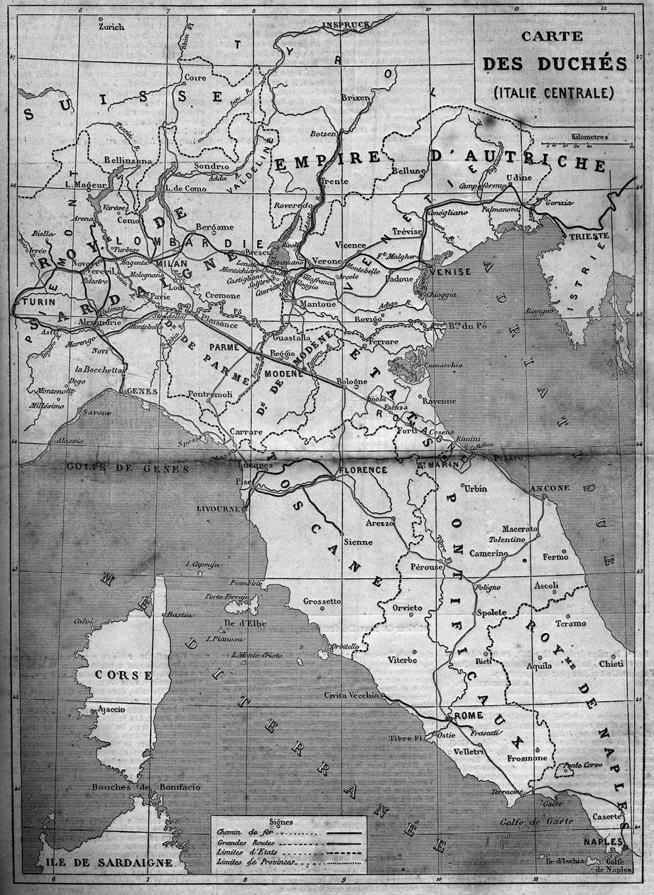 Geografisk kart over hertuginnen av Sentral-Italia i 1860. Gravering i “” Le Monde Illustré”” nr. 143 av 7. januar 1860. av French School