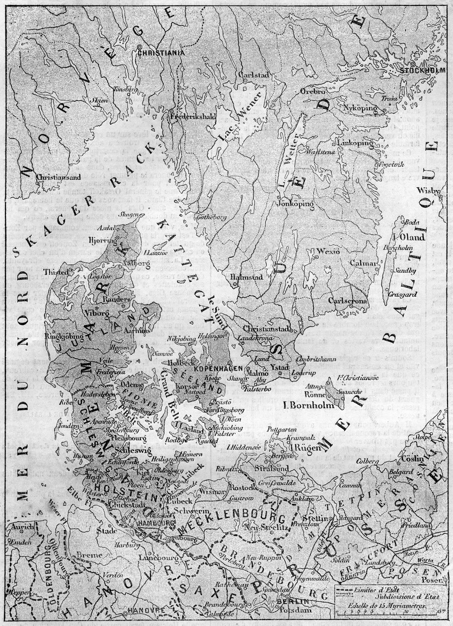 Geografisk kart over Danmark i 1861, med hertuginnen av Schleswig, Holstein og Lauenburg. Gravering i "" Le Monde Illustré"" nr. 200 av 9. februar 1861. av French School