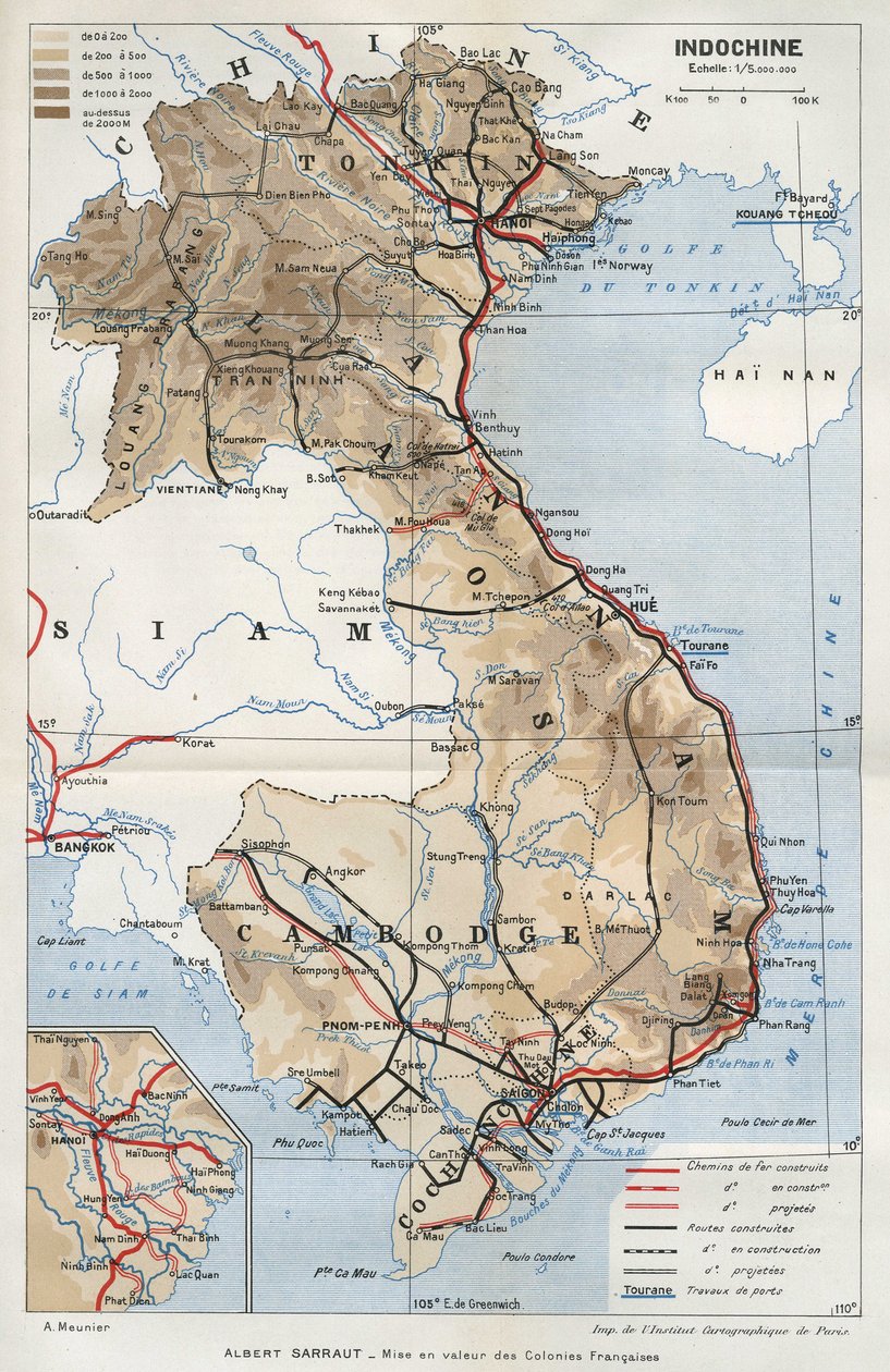 Geografisk kart over Indokina. I «La mise en valeur des colonies francaises», Albert Sarraut av French School