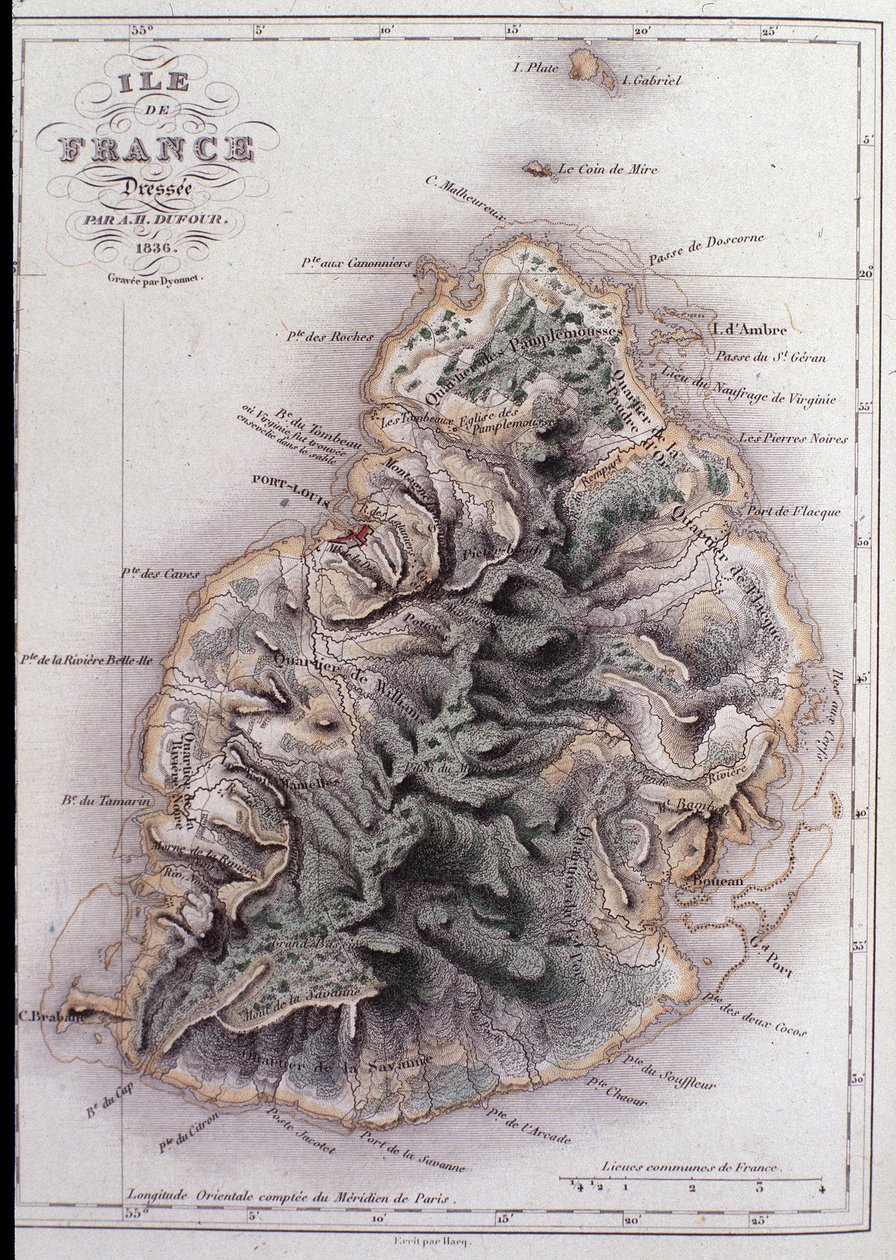 Geografisk kart over Mauritius (Anc. Ile de France) - gravering av French School