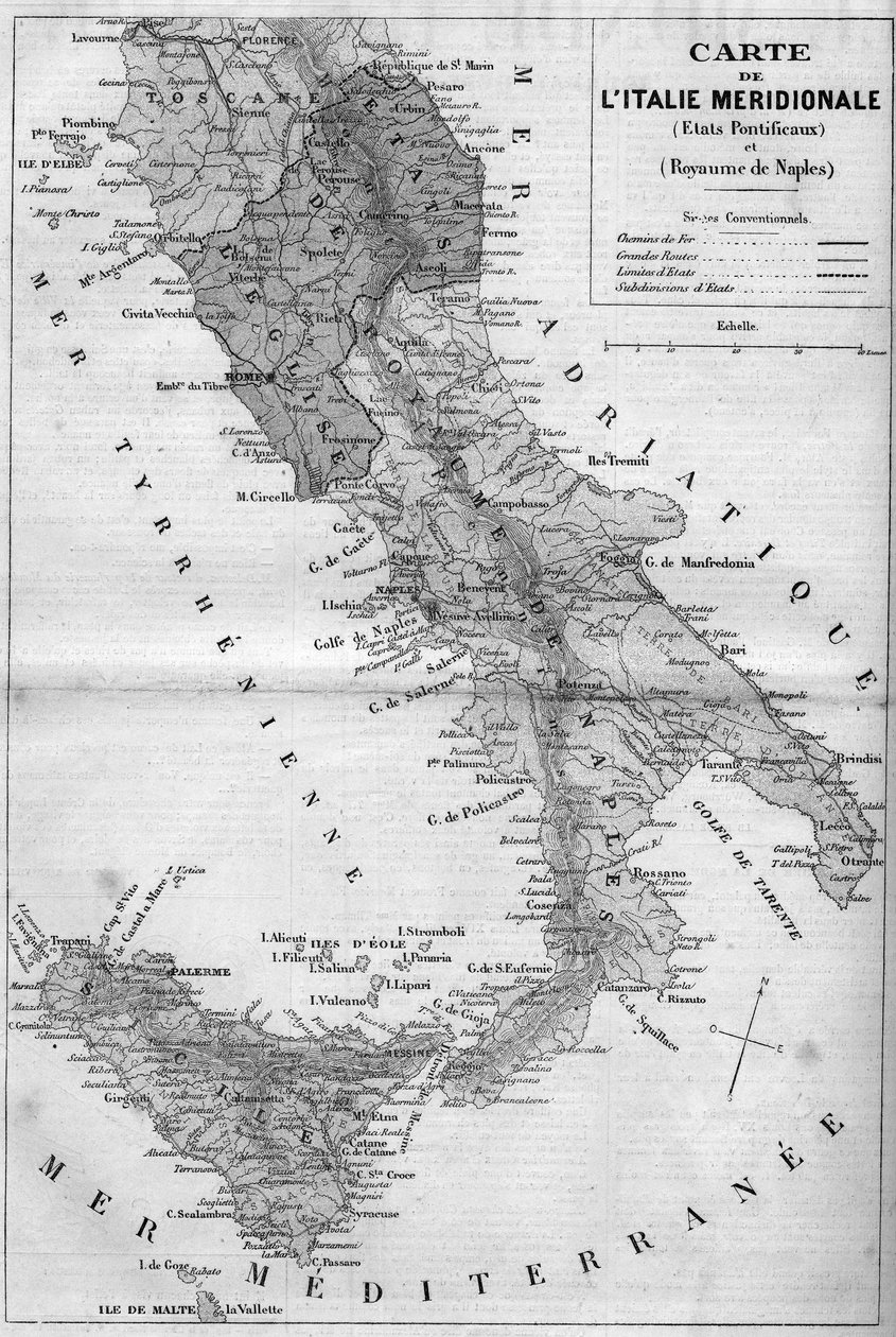 Geografisk kart over Meridional Italia i 1860: Pavelige stater og kongeriket Napoli. Gravering i "" Le Monde Illustré"" nr. 163 av 26. mai 1860. av French School