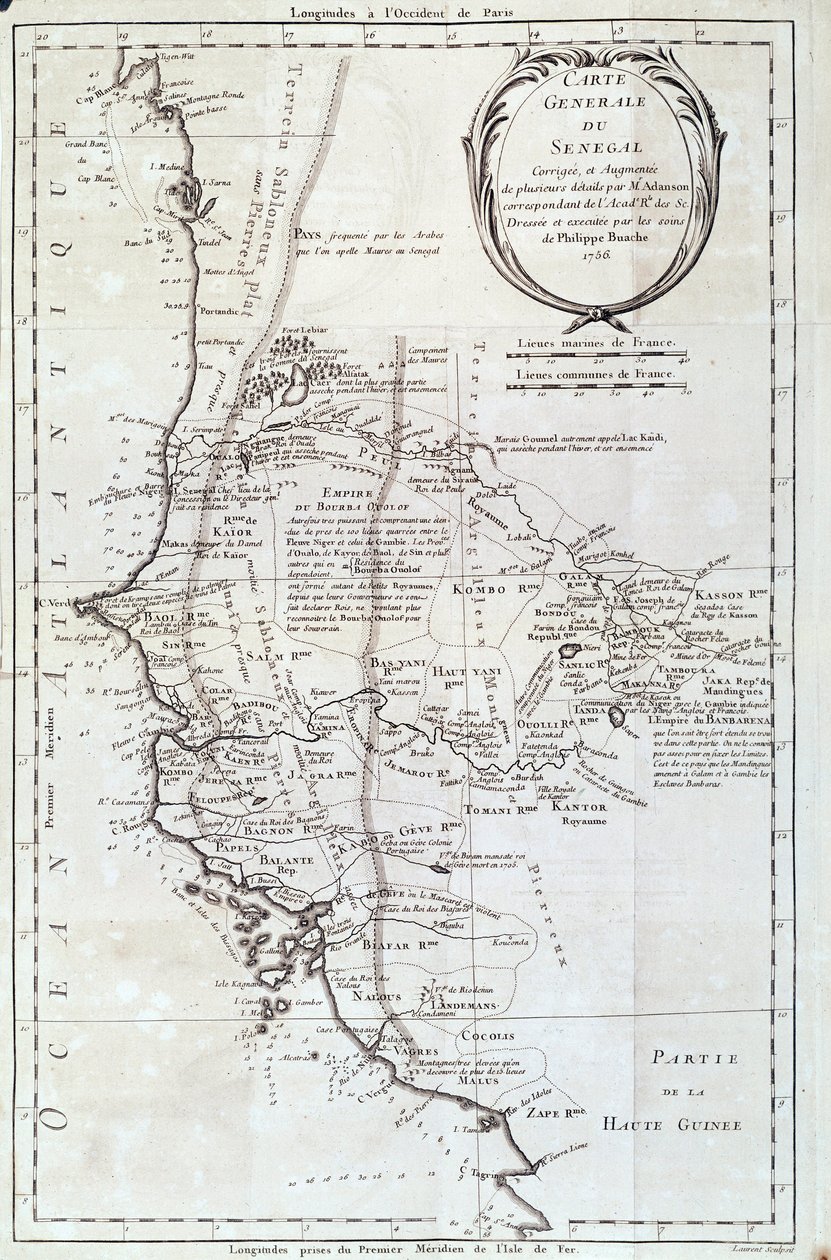 Geografisk kart over Senegal fra et atlas av Philippe Buache (1700-1773) 1756 Paris, Naturhistorisk museum av French School
