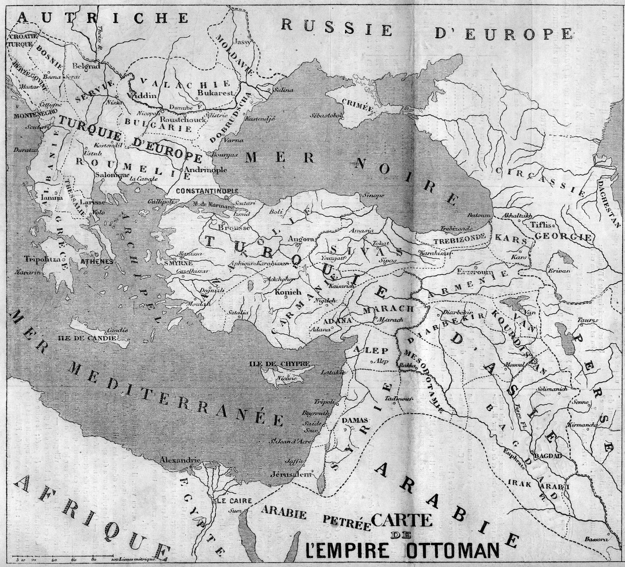 Geografisk kart over det osmanske riket i 1860. Gravering i "" Le Monde Illustré"" nr. 173 av 4. august 1860. av French School