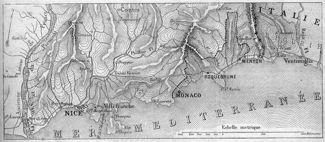 Geographic map of the Principaute de Monaco, in 1861, before the city of Roquebrune and Menton joined France. Engraving in “” Le Monde Illustré”” n°202 of 23 February 1861. av French School